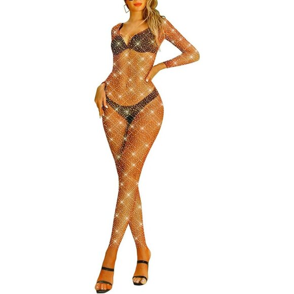 🆕Women Brown Classic Fishnet Body Stocking Lingerie Sparkle Stockings One Piece - Picture 1 of 4